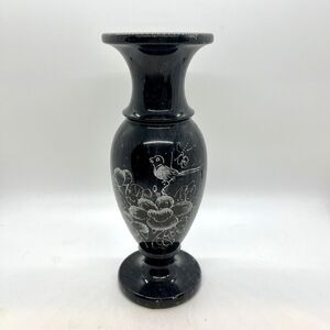 Vintage Black Marble Etched Vase 8” Carved Bird Flowers
